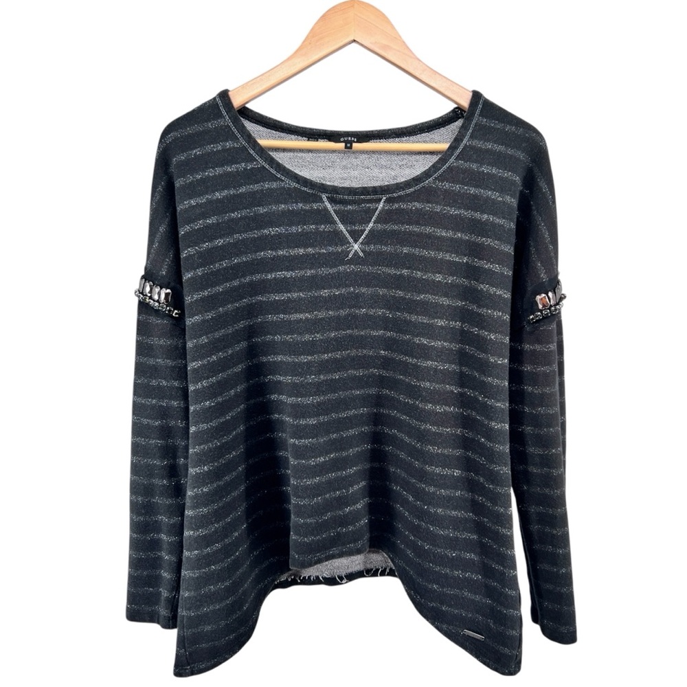GUESS Surca Fleece Sweater Sz Med Dark Coal Glitter Striped Embellished Sleeves